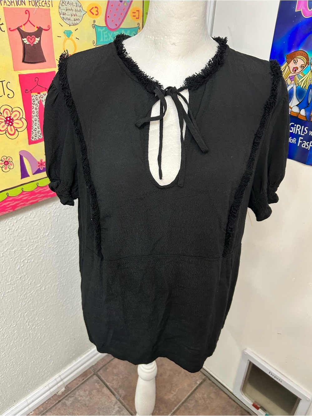 H&M Black Tie-Neck Short Sleeve Blouse with Fringe Trim